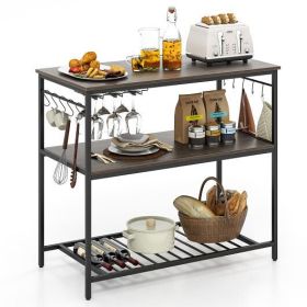 Kitchen Island with 3 Shelves Wine Glass Holders and 10 Hooks-Gray