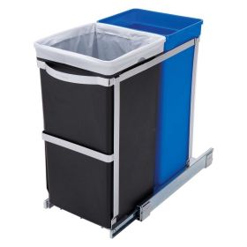 aPull Out Blue Recycle Bin Black Trash Can Slides Under Kitchen Counter