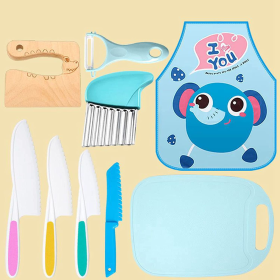 Kids Cooking Set Real, Montessori Kitchen Tools, Toddlers Safe Knife Tools Set (Include Wood and Plastic Knife, Crinkle Cutter, Peeler, Cutting Board