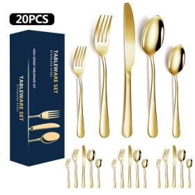 Golden Silverware Set 20 Pieces Stainless Steel Flatware Set, Kitchen Utensil Set Service for 5, Tableware Cutlery Set for Home & Restaurant, Dishwash