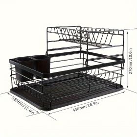 1 piece kitchen utensil drain rack countertop organizer double dish rack metal storage rack (Color: Black double layer)